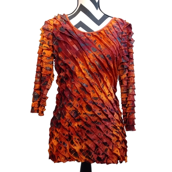 Vintage 90's Y2K Abstract Acid Pattern Textured Quarter Sleeve Fall Blouse - Picture 1 of 11